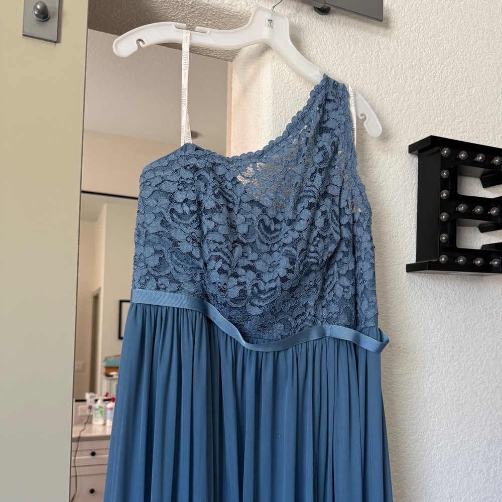 David's Bridal Blue One-Shoulder Gown for Weddings